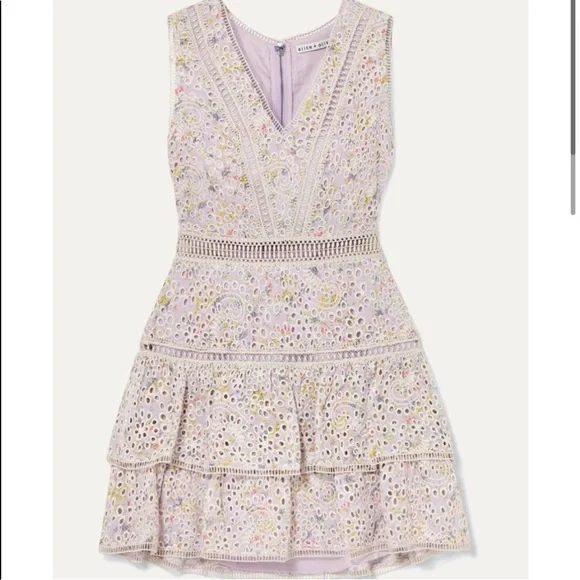 Alice + Olivia Tonie Tiered Floral Mini Dress Purple Women's 0 Eyelet Lace - Picture 4 of 13